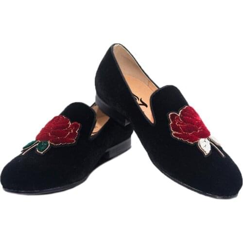 Jeder S Men Slip on Loafers Shoes Men Casual Velvet Rose Embroidery Design Black Shoes Mens Party and Wedding Flats