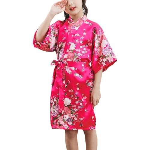 Girls' Satin Floral Kimono Rose Red Cherry Robe Nightgown Bathrobe for Wedding Party