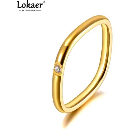 Lokaer Titanium Stainless Steel 2mm Cubic Zirconia Stone Rings For Women Girl Trendy Office Geometric Square Finger Rings R20067