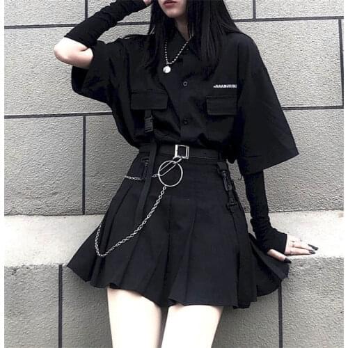 Two Piece Ladies Skirt Korean Versatile Dark Loose BF Shirt Top Women Fashion Two Piece Set Skirt Jupe Dropshipping Summer Dress