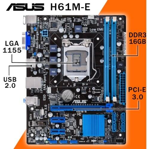 LGA 1155 Asus H61M-E Motherboard Core i7/i5/i3 PCI-E 3.0 DDR3 2200MHz VGA Turbo Boost2.0 Desktop Intel H61 Placa-mãe 1155 Used