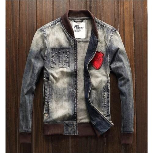 Mens Baseball Coat Jacket Badge Embroidery Patch Denim Jeans Jacket Spring Autumn Stand Collar Fashion Coat For Men S-3XL