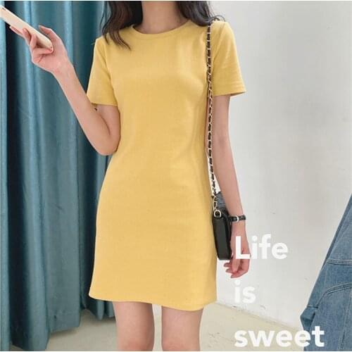 2021 News Women Dress Sweet Short Sleeve Bright Color Girl O-Neck Fashion Popular Base Clothes Student Wear Skinny