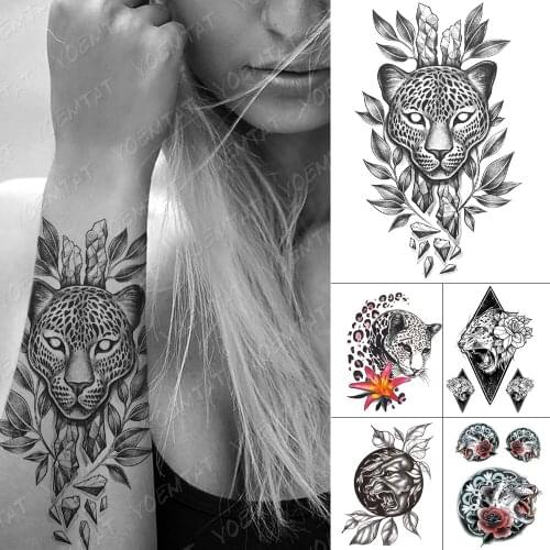 Waterproof Temporary Tattoo Sticker Animal Pink Leopard Lily Flash Tattoos Wolf Rose Flower Body Art Arm Fake Tatoo Women Men