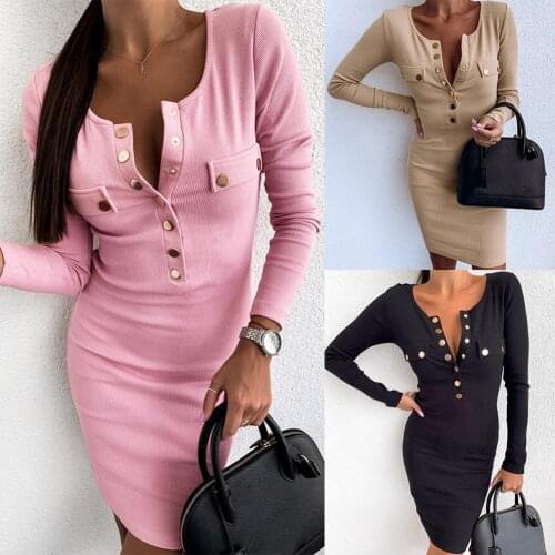 Sexy Dresses Women Fashion Streetwear V Neck Elegant Women Autumn Solid Color Button Round Neck Long Sleeve Bodycon Midi Dress