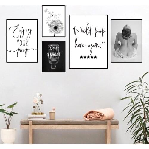 Would Poop Here Again Canvas Wall Art Toilet Poster Dandelion Black And White Wall Prints Funny Quotes Bathroom Decor