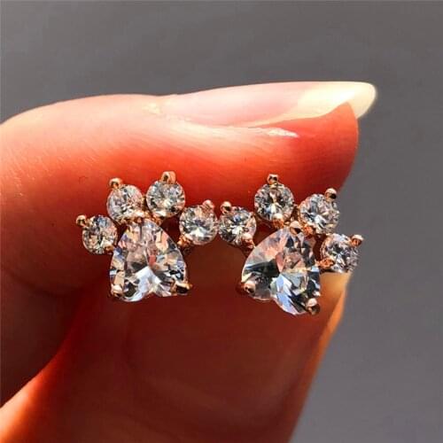 Luxury Female Crystal Zircon Stone Stud Earrings Rose Gold Color Wedding Jewelry Boho Small Dog Cat Paw Claw Earrings For Women