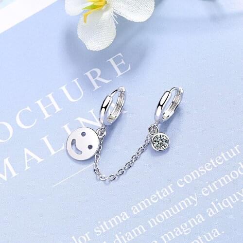 925 Sterling Silver 1PC Hollow Smile Double Ear Hole Hoop Earring Zircon Chain Ear Jewelry For Women S-E1045