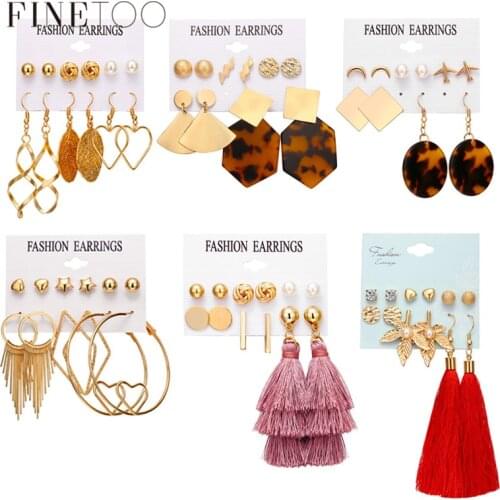 Mixed Silk Tassel Small Knot Disc Ball Star Moon Heart Stud Earrings Set for Women Tortoise Acrylic Statement Long Earrings