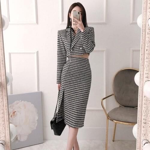Vintage Houndstooth Skirt Set Womens Elegant Two-Piece Set Autumn/Winter Korean Clothing Blazer Jacket Split Package Hip Skirt