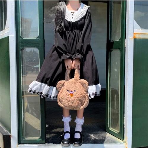 Japanese Lolita Style 2020 Autumn Harajuku Gothic Black Dress Women Sailor Collar Princess Dress Kawaii Ruffles Mid-Calf Dresses