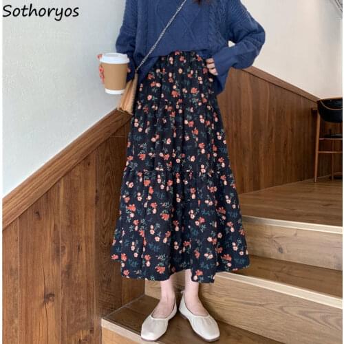 Women Skirts Corduroy Lovely A-line High-waist Causal Fashion Fall Pleated New Korean Style Elegant Chic Harajuku Floral Retro