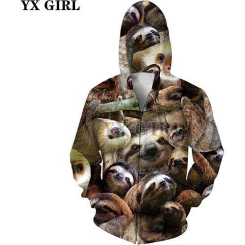 YX GIRL Drop shipping 2018 autumn New Fashion Zipper Hoodie animal Sloth / Cat / Owl Funny Print 3d Mens Womens Hooded jacket