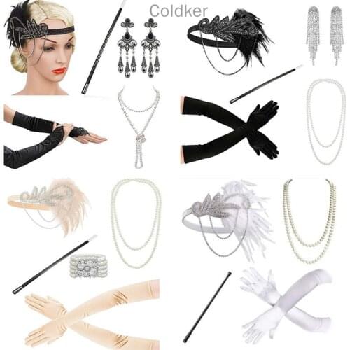 1920s Women Accessories 20s Flapper Costume Gasty Headband Earrings Necklace Gloves Cigarette Holder