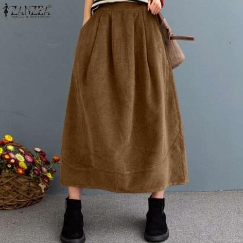 Women Autumn Sundress ZANZEA 2021 Kaftan Corduroy Skirts Elastic Waist Maxi Vestido Female Solid Robe Femme Oversize Faldas Saia