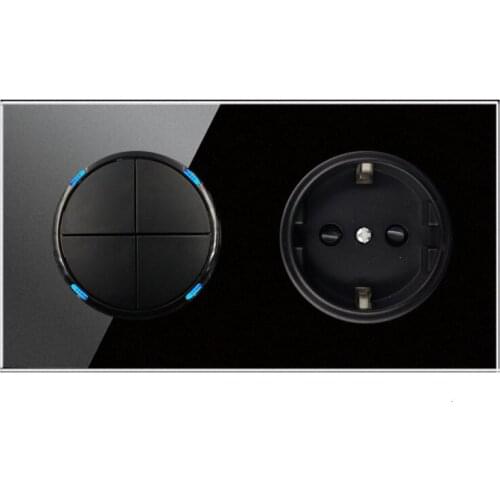 146 Type 4 gang 2 way Germany switch Crystal Tempered Pure Glass Panel 13a Double Eu Standard Wall Power Socket Grounded black