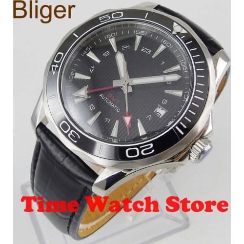 2019 New 41mm Bliger GMT Automatic watch men luxury mechanical waterproof black dial leather strap ceramic luminous sapphire 877