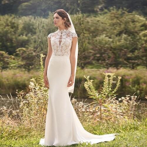 Elegant Lace Mermaid Wedding Dress For Bride 2021 High Neck Short Cap Sleeves Satin See Through Back Bridal Gowns