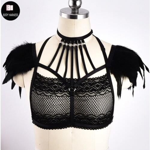 Sexy Women Rave Wear Feathers Harness Epaulette Feather Cage Bra Gothic Body Harness Fetish Bondage Harness Lingerie