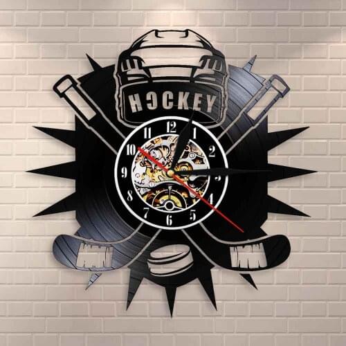 Hockey Club Team Logo Hockey Hockey Man Cave Wall Decor Clock Watch Sticks and Puck Vinyl Record Wall Clock Hockey Fans Gift