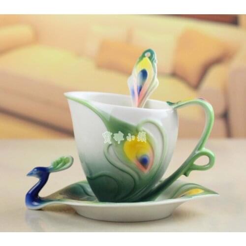 New Arrival Enamel Peacock Coffee Mug Caneca Cup Set Ceramic Drinkware Creative China Bone Copos