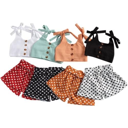 Girl’s Summer Two Piece Set Fashion Solid Color Bandage Suspender Tops and Elastic Heart Short Pants