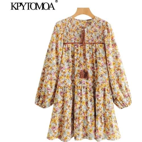 KPYTOMOA Women 2021 Fashion With Tassel Floral Print Mini Dress Vintage Long Sleeve Smocked Elastic Female Dresses Vestidos