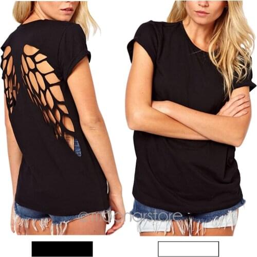 Summer Women T Shirt Casual Ladies Punk Laser Backless Hollow Angel Wings Cut Out Tops Black White Plus Size S-XXXL #137