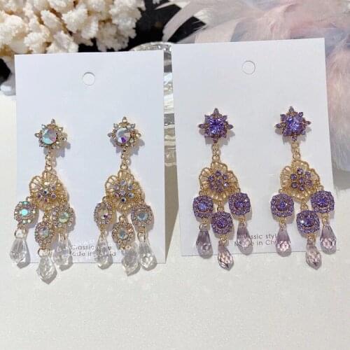Fashion Korean Luxury Flower Rhinestone Drop Earrings For Women Elegant Crystal Tassel Long Pendientes Party Jewelry