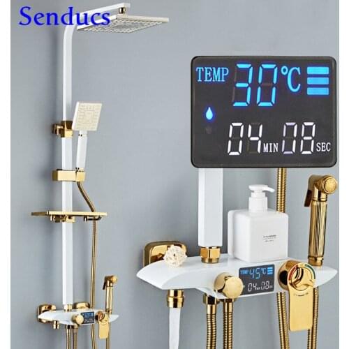 Digital Shower Set Senducs ABS 8 Inch Rainfall Shower Head Quality Brass Bathroom Faucets White Gold Thermostatic Shower Set