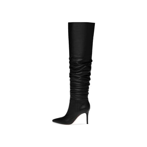 New European American Female Goth Black Burgundy Leather Sexy Botas Pointed Toe fold Pleated Womens Plus Size knee High Boots