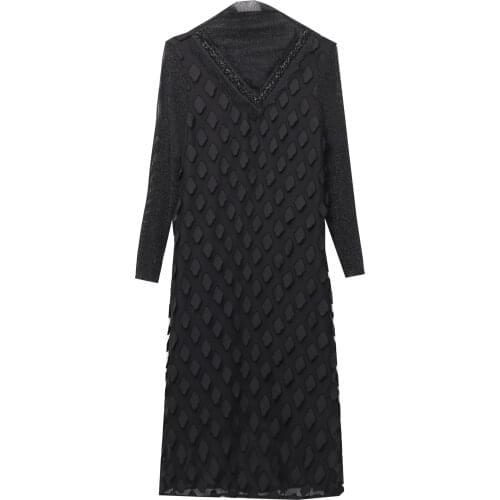 Spring and Autumn Large Size Womens 2019 New Style Covering Belly Meat Thin and Thin Two-piece Mesh Lace Dress A507