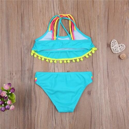 New Kids Swimsuit Set Girls Sleeveless Backless O-neck Bikini with Ball Tassels + Panties for Summer Girls Kids Swimwear