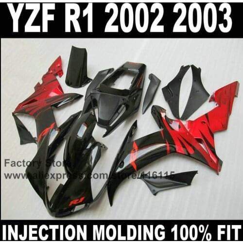 MOTOMARTS Full injection fairings for YAMAHA YZF R1 2002 2003 fairing kit R1 02 03 red flame in black parts