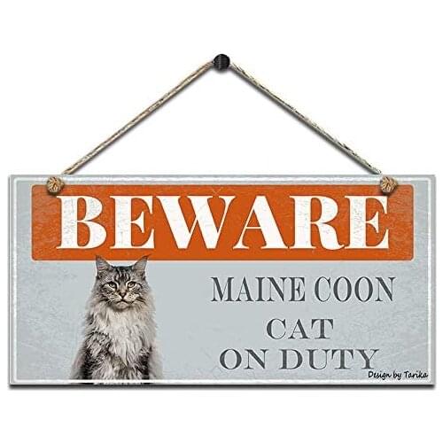 Beware Maine Coon Cat On Duty Retro Wooden Public Decorative Hanging Sign for Home Door Fence Vintage Wall Plaques Decoration