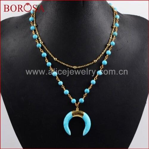 BOROSA Gold Color Blue Stone Crescent Horn Layer Necklace G1186