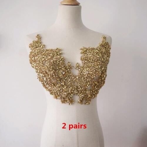 Gold rhinestone applique, crystal beaded lace rhinestone sash headband shoulder body back appliques dress straps
