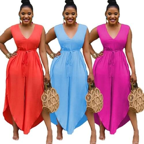 S-3xl Jumpsuit Women Wholesale Sleeveless Lace Up Waisted Wide Leg V Neck Fashion Plus Size One Piece Romper Summer Dropshipping