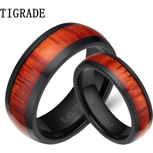 Tigrade 1pc 6/8mm Titanium Ring Set Black Wood Inlay Domed Wedding Band Comfort Fit Engagement Wooden Couple Rings For Women Men