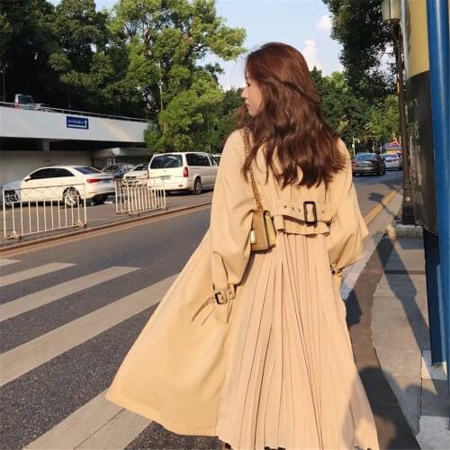 Patchwork Trench Coats for Women Autumn Spring Long Sleeve Trench Pleated Casual Femme Windbreaker Oversized Korean Fashion Coat