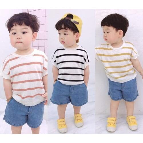 Baby Boy Knitted T Shirt Striped Soft Cotton Short Sleeve O-neck Sweater Baby Girls Clothing Summer 2020 New Arrival Knit Tops