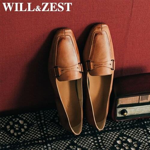 Will&Zest Women Square Loafers Flats Black Ballerinas Geniune Leather Low Heel Dress Shoes Female Sneakers Brand Luxury Big Size
