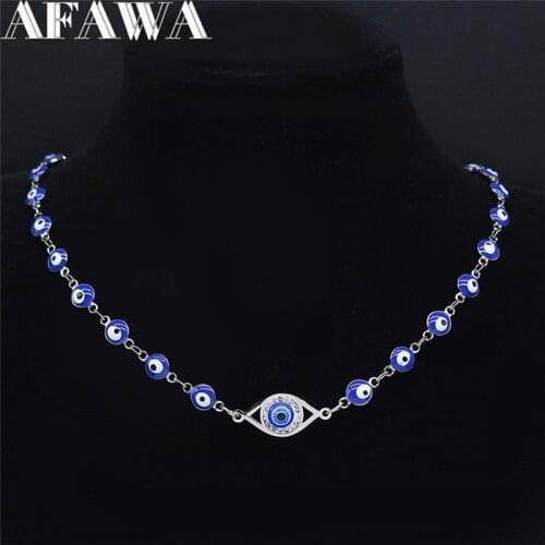 Turkey Eye Crystal Stainless Steel Muslim Islam Chocker Necklace Women Silver Color Necklaces Jewelry collier oeil N4863S02