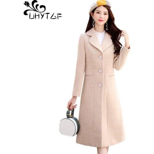 UHYTGF High quality wool coat Single-breasted slim women winter coats Fashion Cashmere plaid splice Elegant female long coat 286
