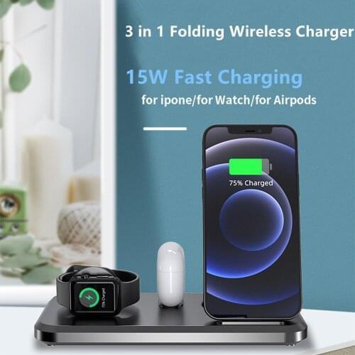 FLOVEME 15W Fast Charging 3-In-1 Wireless Charger For Dual-Folding Multi-Function Wireless Chargers For iPhone12 Watches Airpods