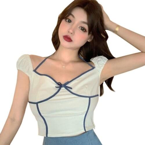 Womens Korean Style Tee Shirt V Neck Slim Sexy Exposure Navel Short-Sleeved Halter T-shirt Tops