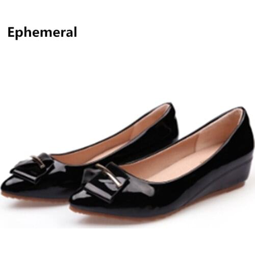 Women Cow Muscle Shoes Patent Leather Bow 2018 Latex Shoes Wedges Heeled Pumps Cover Heels Zapatos Sapatos Plus Size 42 40 White