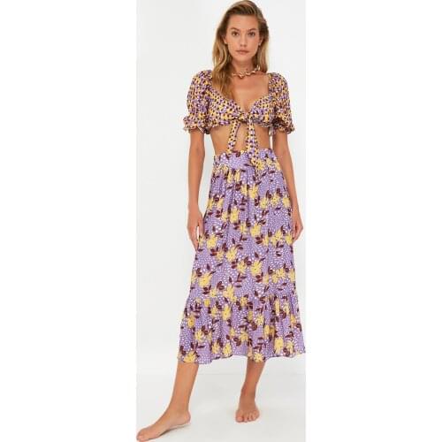 Flower Pattern Mixed Viscose Skirt-Top Set Womens Summer Bohemian Casual Holiday Street Style