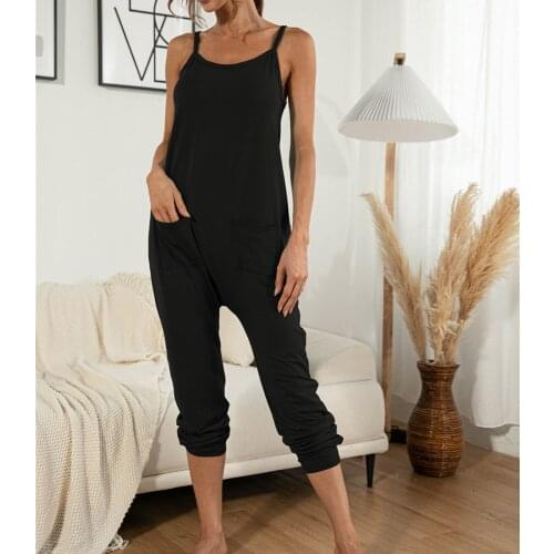 Casual Romper Spaghetti Strap Sexy Jumpsuit Pocket Women Summer Solid Color Home Female Fashion Girl Loose Streetwear 2021 New