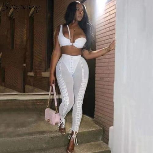 High-quality 2021 Summer Bodycon Elegant Womens Two-Piece Set Sexy One-shoulder Short Top + High Waist Lace-Up Pants Party Set